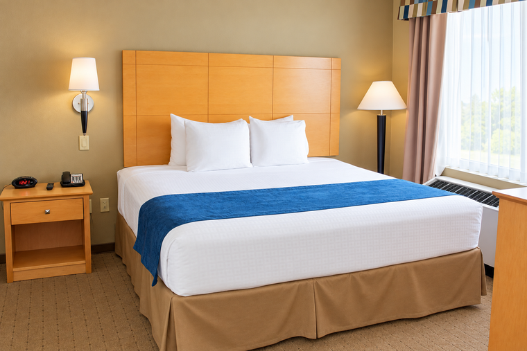 a bed with a blue and white blanket
